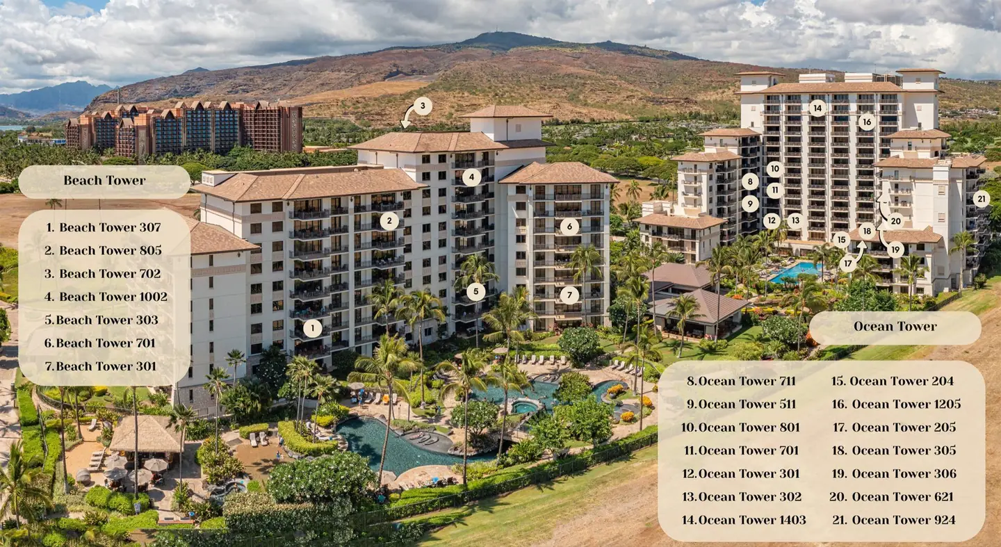 Pool and ocean side: Beach Tower and Ocean Tower with numbered villas